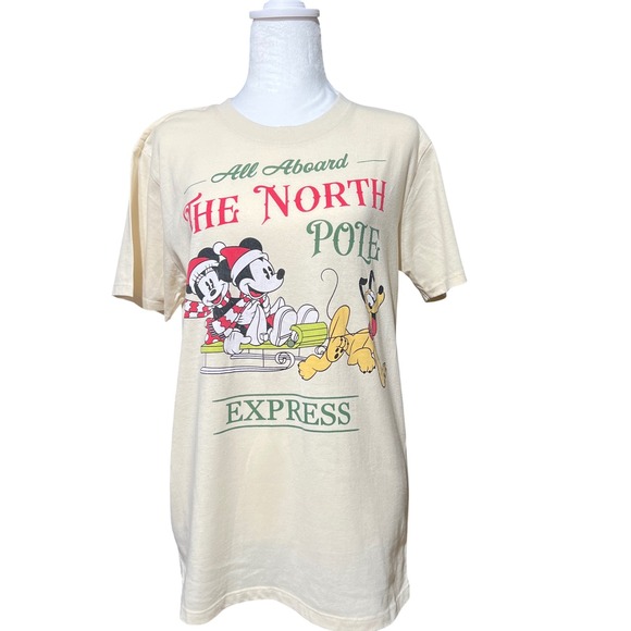 Disney Tops - Disney‎ Mickey Minnie Pluto North Pole Express Cream Graphic T-Shirt Size M